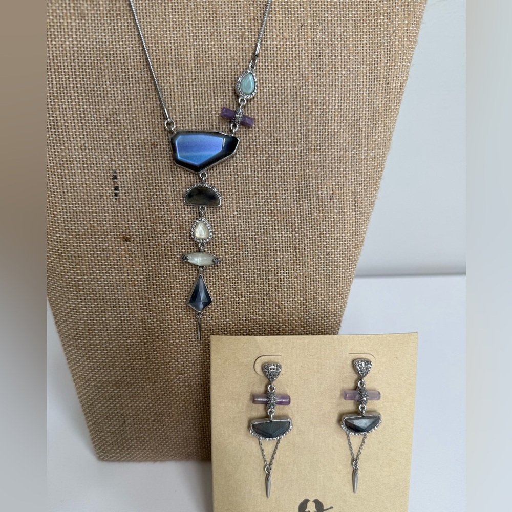 Chloe + Isabel Adjustable Gemstone Necklace & Earrings Set | Silver | NWT - Picture 5 of 5